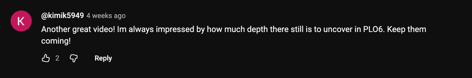 YouTube comment: always impressed by how much depth there is to uncover in PLO6