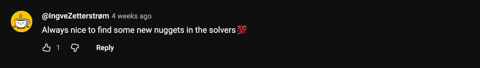 YouTube comment: Always nice to find some new nuggets in the solvers
